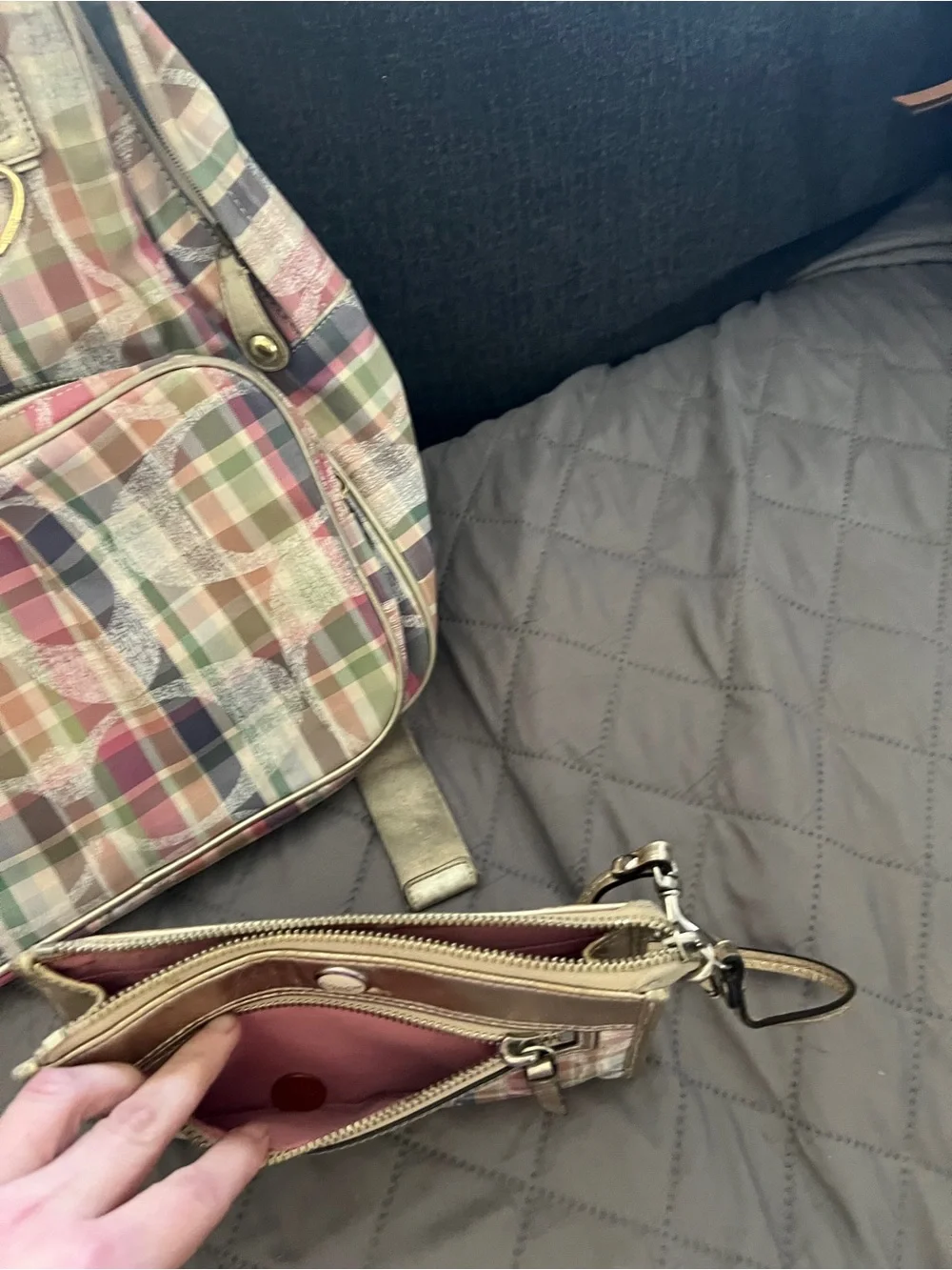 Coach Pink Green Plaid Signature Backpack with Wallet - Picture 3 of 11